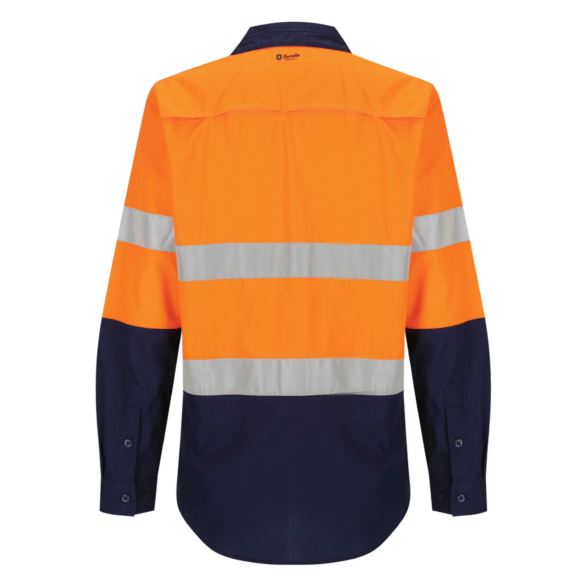Ladies hi‑vis lightweight ripstop cotton shirt in orange/navy with reflective tape; underarm/back ventilation; extended sun‑protection collar; nine‑button design