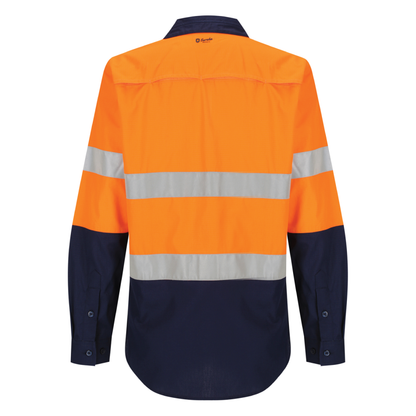 Ladies hi‑vis lightweight ripstop cotton shirt in orange/navy with reflective tape; underarm/back ventilation; extended sun‑protection collar; nine‑button design