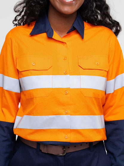 Ladies hi‑vis lightweight ripstop cotton shirt in orange/navy with reflective tape; underarm/back ventilation; extended sun‑protection collar; nine‑button design