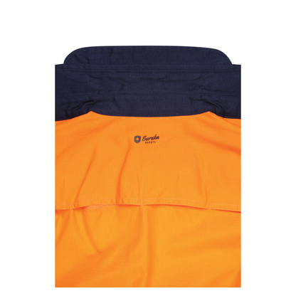 Ladies hi‑vis lightweight ripstop cotton shirt in orange/navy with reflective tape; underarm/back ventilation; extended sun‑protection collar; nine‑button design