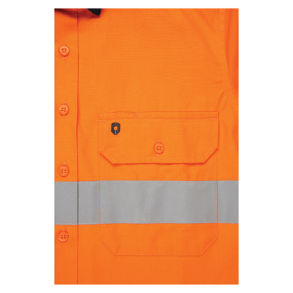 Ladies hi‑vis lightweight ripstop cotton shirt in orange/navy with reflective tape; underarm/back ventilation; extended sun‑protection collar; nine‑button design
