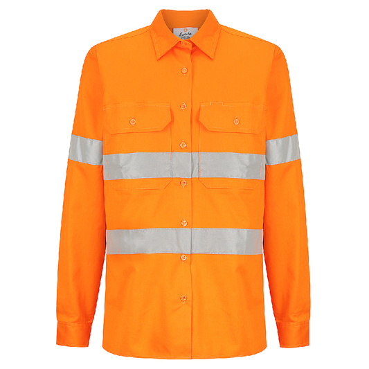 Ladies hi‑vis lightweight 150 gsm cotton ripstop shirt in orange with 50 mm reflective tape, underarm and back vents, extended sun‑protection collar and nine‑button front