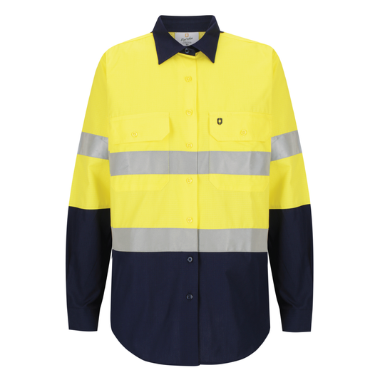 Ladies hi‑vis lightweight 150 gsm ripstop cotton shirt in yellow/navy; reflective tape; vented underarms/back; modern tapered fit; extended sun‑protection collar