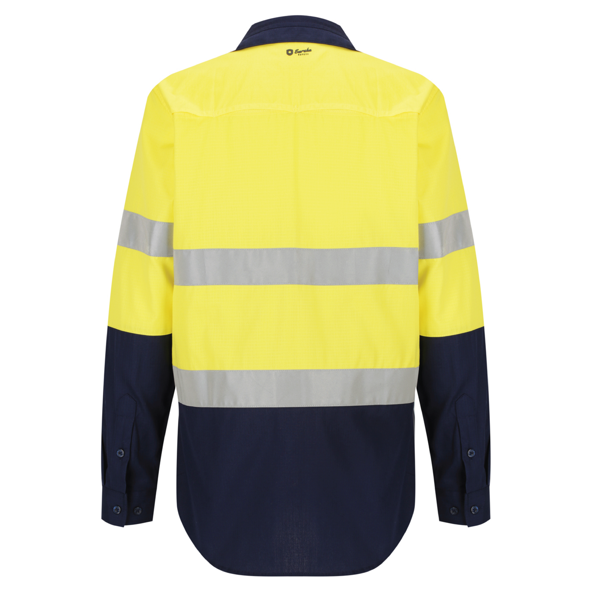 Ladies hi‑vis lightweight 150 gsm ripstop cotton shirt in yellow/navy; reflective tape; vented underarms/back; modern tapered fit; extended sun‑protection collar