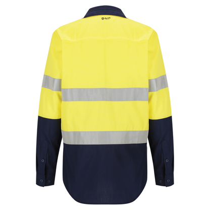 Ladies hi‑vis lightweight 150 gsm ripstop cotton shirt in yellow/navy; reflective tape; vented underarms/back; modern tapered fit; extended sun‑protection collar