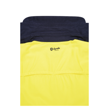 Ladies hi‑vis lightweight 150 gsm ripstop cotton shirt in yellow/navy; reflective tape; vented underarms/back; modern tapered fit; extended sun‑protection collar
