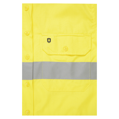 Ladies hi‑vis lightweight 150 gsm ripstop cotton shirt in yellow/navy; reflective tape; vented underarms/back; modern tapered fit; extended sun‑protection collar