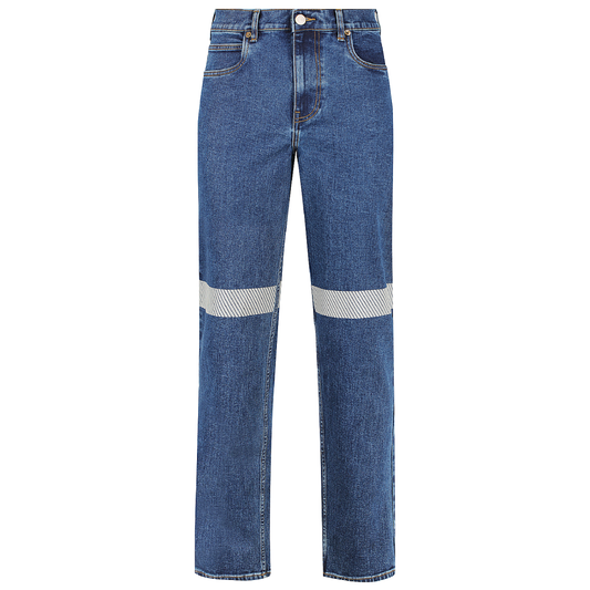 Ladies stretch denim jeans made of 13.75‑oz 97 % cotton and 3 % spandex with segmented reflective tape, golden brass zipper and four‑pocket women’s fit