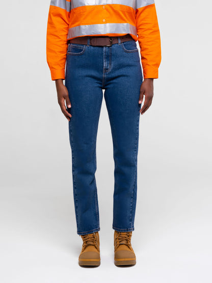 Ladies stretch jeans using 13.75‑oz 97 % cotton and 3 % spandex fabric with golden brass zipper and four‑pocket design for a comfortable women’s fit
