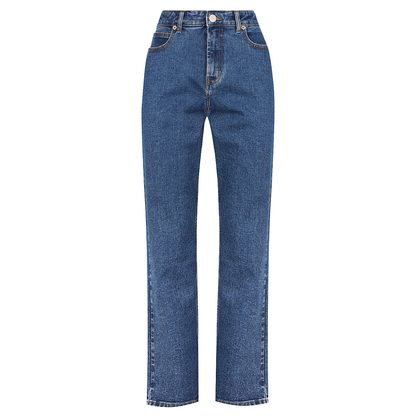 Ladies stretch jeans using 13.75‑oz 97 % cotton and 3 % spandex fabric with golden brass zipper and four‑pocket design for a comfortable women’s fit