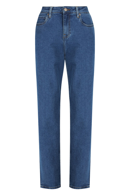 Ladies stretch jeans using 13.75‑oz 97 % cotton and 3 % spandex fabric with golden brass zipper and four‑pocket design for a comfortable women’s fit