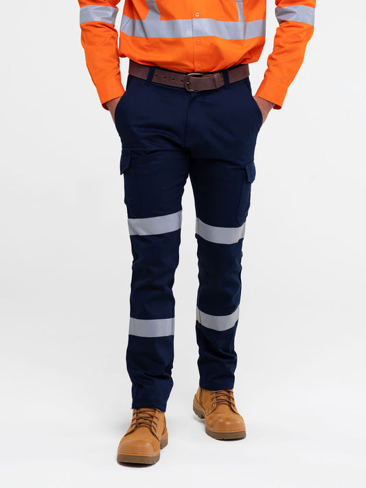 Men’s cotton ripstop cargo pants with bio‑motion reflective tape design; Velcro‑flap cargo pockets; ruler pocket; modern tapered fit; double‑stitched seams
