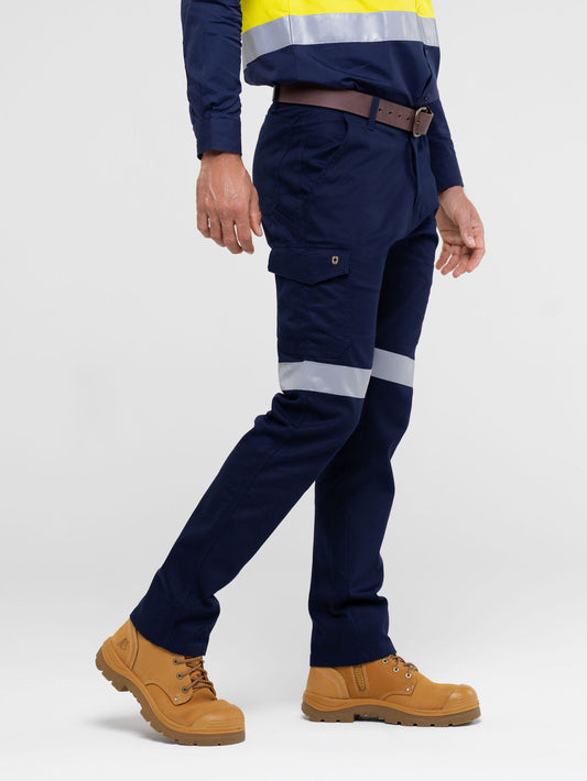 Men’s cotton ripstop cargo pants with bio‑motion reflective tape design; Velcro‑flap cargo pockets; ruler pocket; modern tapered fit; double‑stitched seams