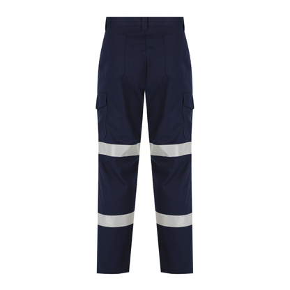 Men’s cotton ripstop cargo pants with bio‑motion reflective tape design; Velcro‑flap cargo pockets; ruler pocket; modern tapered fit; double‑stitched seams