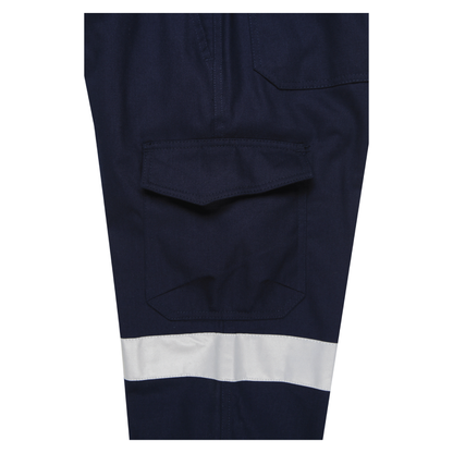 Men’s cotton ripstop cargo pants with bio‑motion reflective tape design; Velcro‑flap cargo pockets; ruler pocket; modern tapered fit; double‑stitched seams