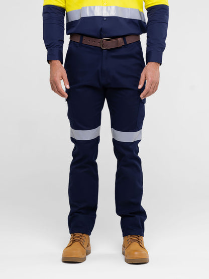 Men’s cotton ripstop cargo pants with reflective tape, Velcro‑flap cargo pockets, ruler pocket, modern tapered fit and double‑stitched construction