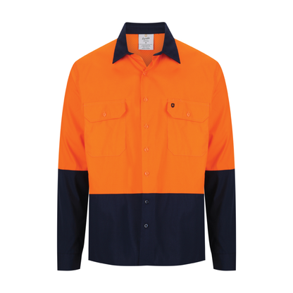 Men’s hi‑vis lightweight cotton long‑sleeve shirt in orange/navy with vented underarms and back, extended sun‑protection collar and modern tapered fit