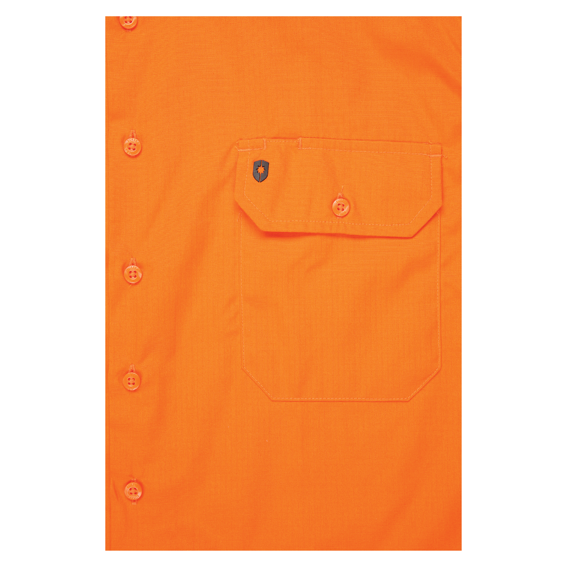 Men’s hi‑vis lightweight cotton long‑sleeve shirt in orange/navy with vented underarms and back, extended sun‑protection collar and modern tapered fit