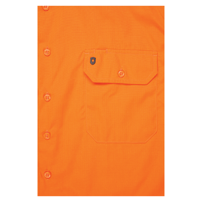 Men’s hi‑vis lightweight cotton long‑sleeve shirt in orange/navy with vented underarms and back, extended sun‑protection collar and modern tapered fit