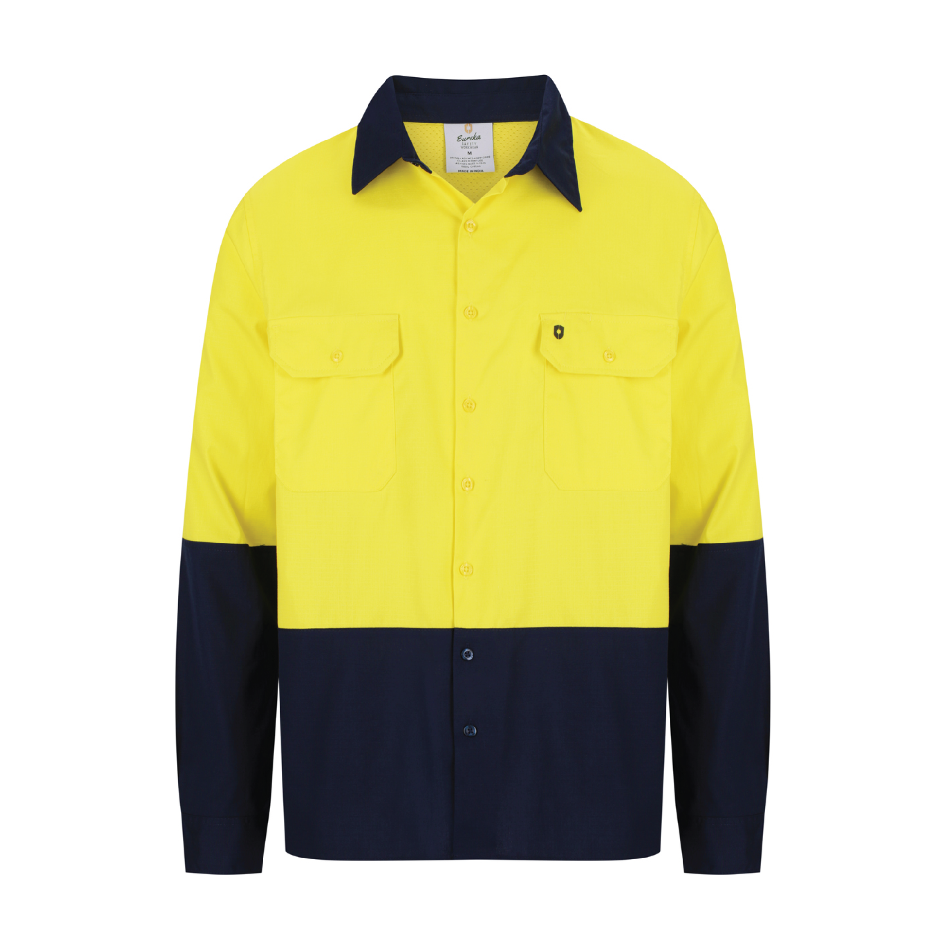 Men’s hi‑vis lightweight cotton long‑sleeve shirt in yellow/navy with underarm/back venting, extended sun‑protection collar and modern tapered fit