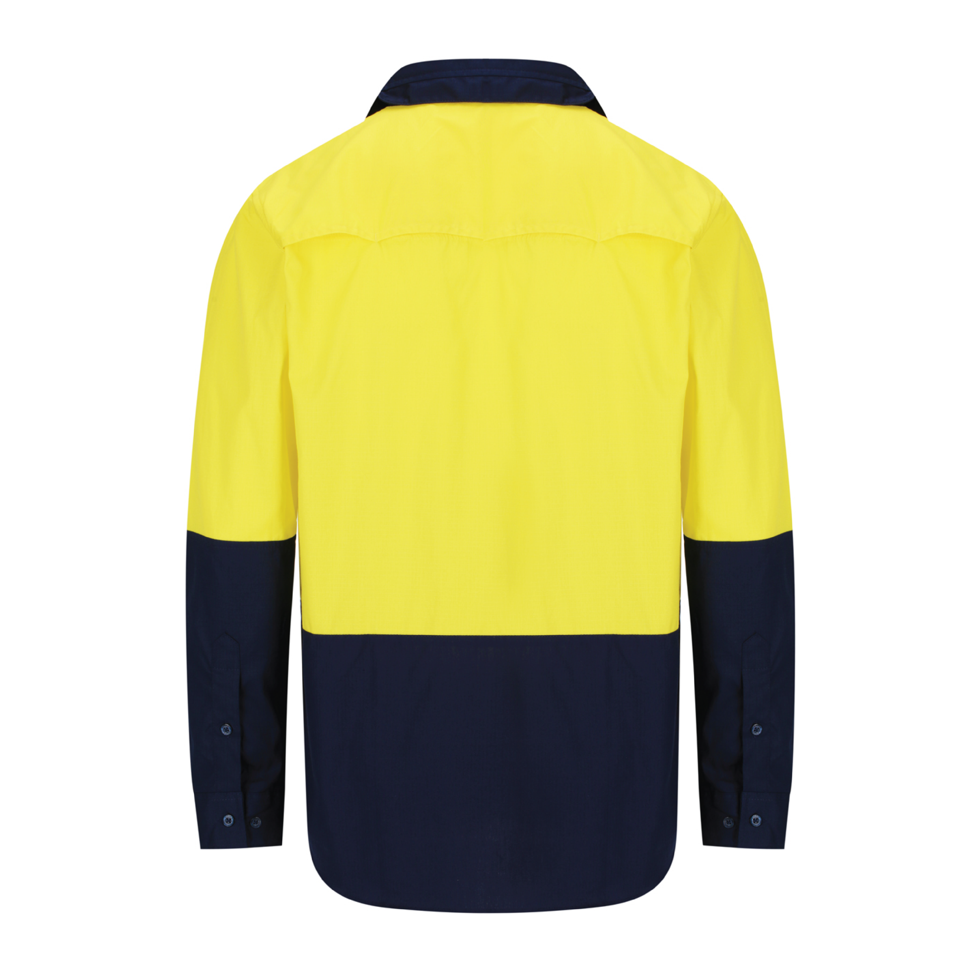 Men’s hi‑vis lightweight cotton long‑sleeve shirt in yellow/navy with underarm/back venting, extended sun‑protection collar and modern tapered fit