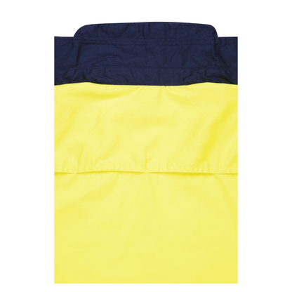 Men’s hi‑vis lightweight cotton long‑sleeve shirt in yellow/navy with underarm/back venting, extended sun‑protection collar and modern tapered fit