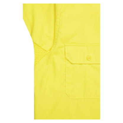 Men’s hi‑vis lightweight cotton long‑sleeve shirt in yellow/navy with underarm/back venting, extended sun‑protection collar and modern tapered fit