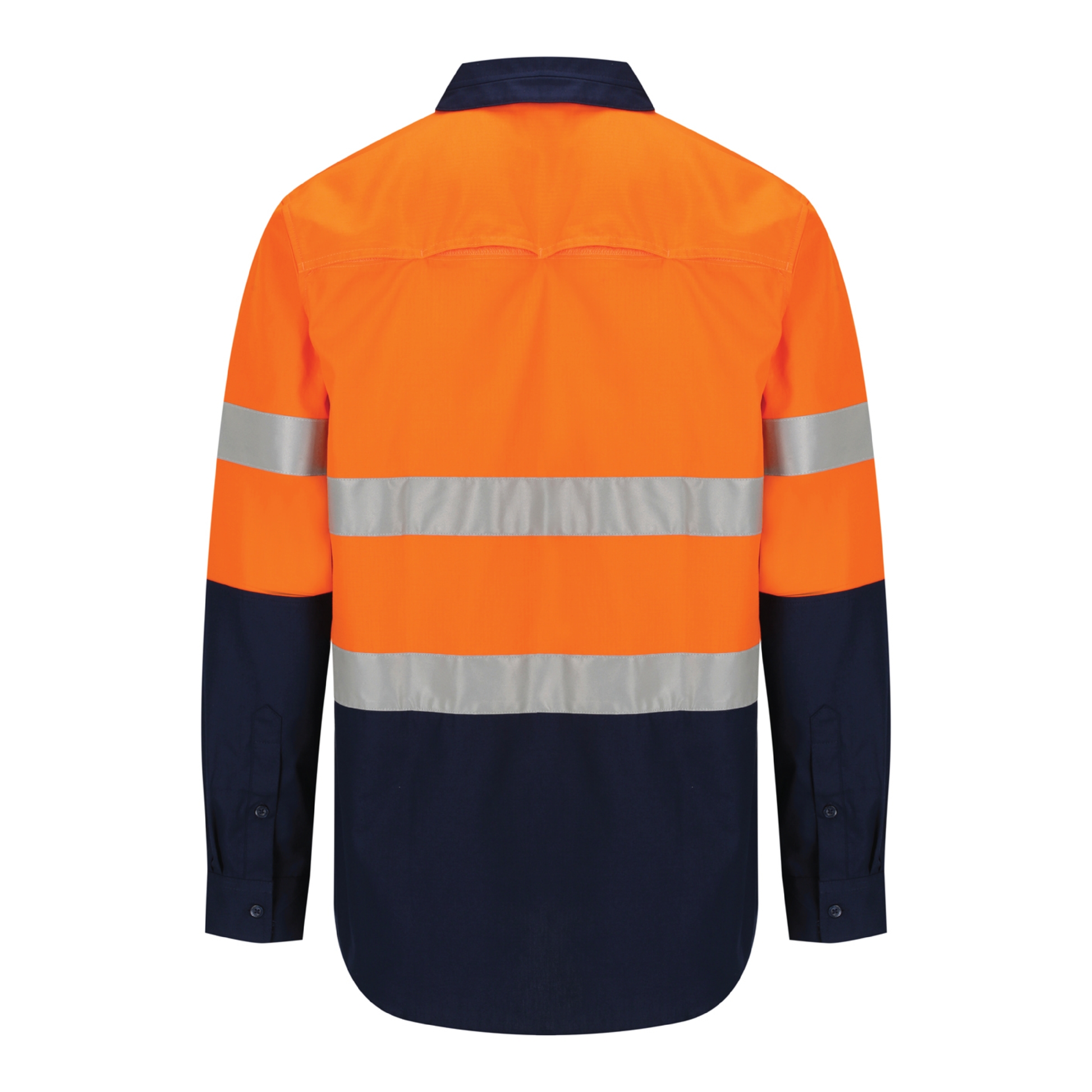 Men’s hi‑vis lightweight 150 gsm ripstop cotton shirt in orange/navy with 50 mm reflective tape, vented underarms/back, extended sun‑protection collar and modern fit