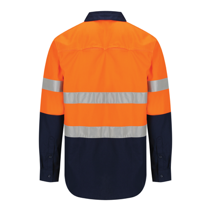 Men’s hi‑vis lightweight 150 gsm ripstop cotton shirt in orange/navy with 50 mm reflective tape, vented underarms/back, extended sun‑protection collar and modern fit