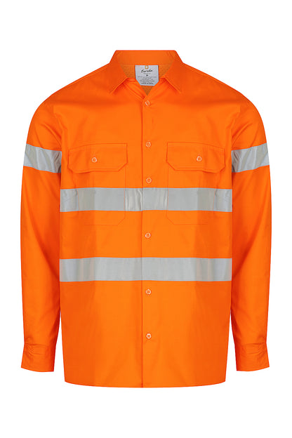 Men’s hi‑vis lightweight ripstop cotton shirt in orange with reflective tape, vented underarms/back, extended sun‑protection collar and modern tapered fit