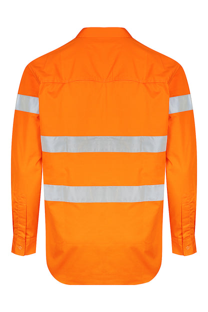 Men’s hi‑vis lightweight ripstop cotton shirt in orange with reflective tape, vented underarms/back, extended sun‑protection collar and modern tapered fit