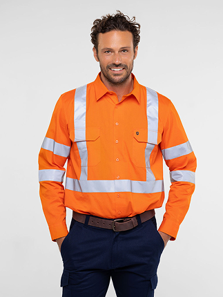 Men’s hi‑vis lightweight 150 gsm cotton ripstop long‑sleeve shirt with X‑back and bio‑motion reflective tape, extended sun‑protection collar and modern fit