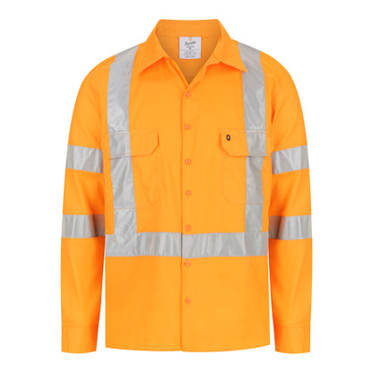 Men’s hi‑vis lightweight 150 gsm cotton ripstop long‑sleeve shirt with X‑back and bio‑motion reflective tape, extended sun‑protection collar and modern fit