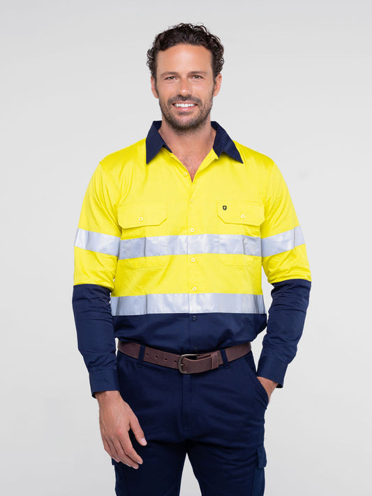 Men’s hi‑vis lightweight ripstop cotton shirt in yellow/navy with reflective tape, underarm/back vents, extended sun‑protection collar and modern tapered fit
