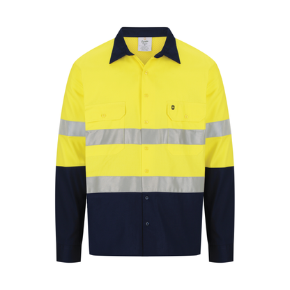 Men’s hi‑vis lightweight ripstop cotton shirt in yellow/navy with reflective tape, underarm/back vents, extended sun‑protection collar and modern tapered fit