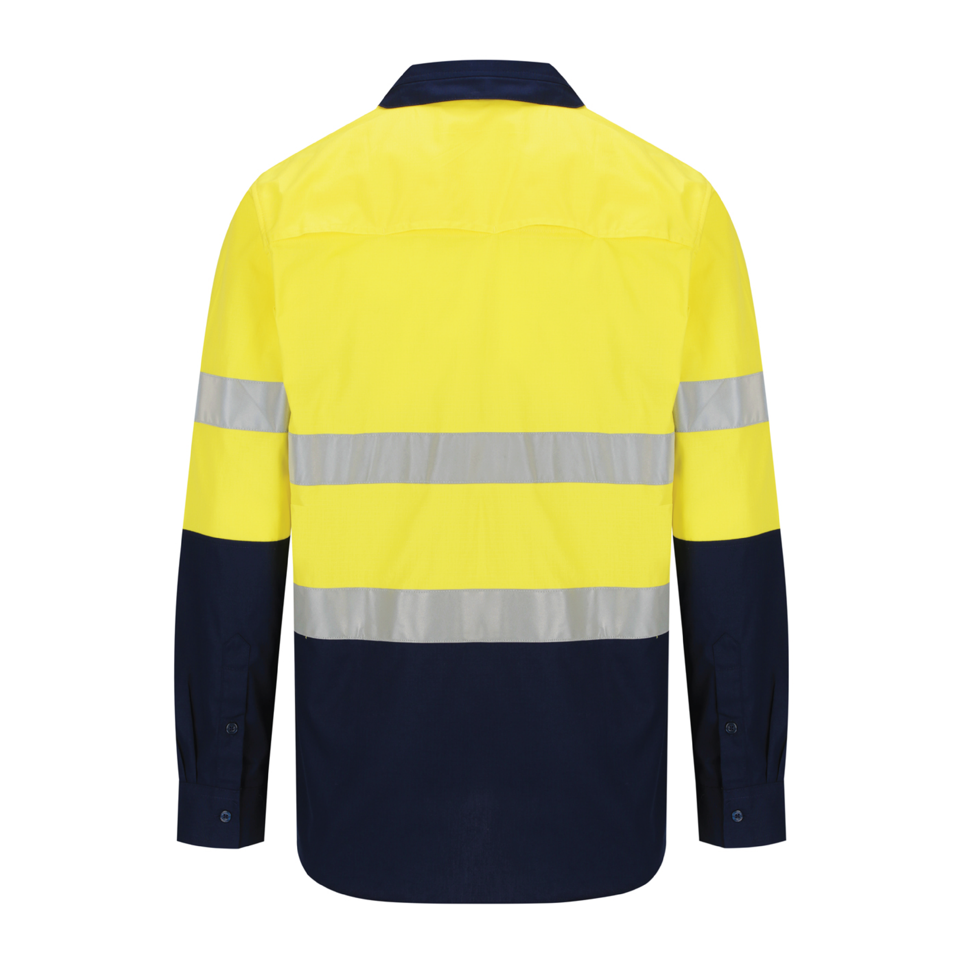 Men’s hi‑vis lightweight ripstop cotton shirt in yellow/navy with reflective tape, underarm/back vents, extended sun‑protection collar and modern tapered fit
