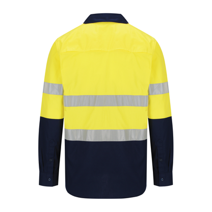 Men’s hi‑vis lightweight ripstop cotton shirt in yellow/navy with reflective tape, underarm/back vents, extended sun‑protection collar and modern tapered fit