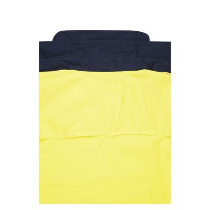 Men’s hi‑vis lightweight ripstop cotton shirt in yellow/navy with reflective tape, underarm/back vents, extended sun‑protection collar and modern tapered fit