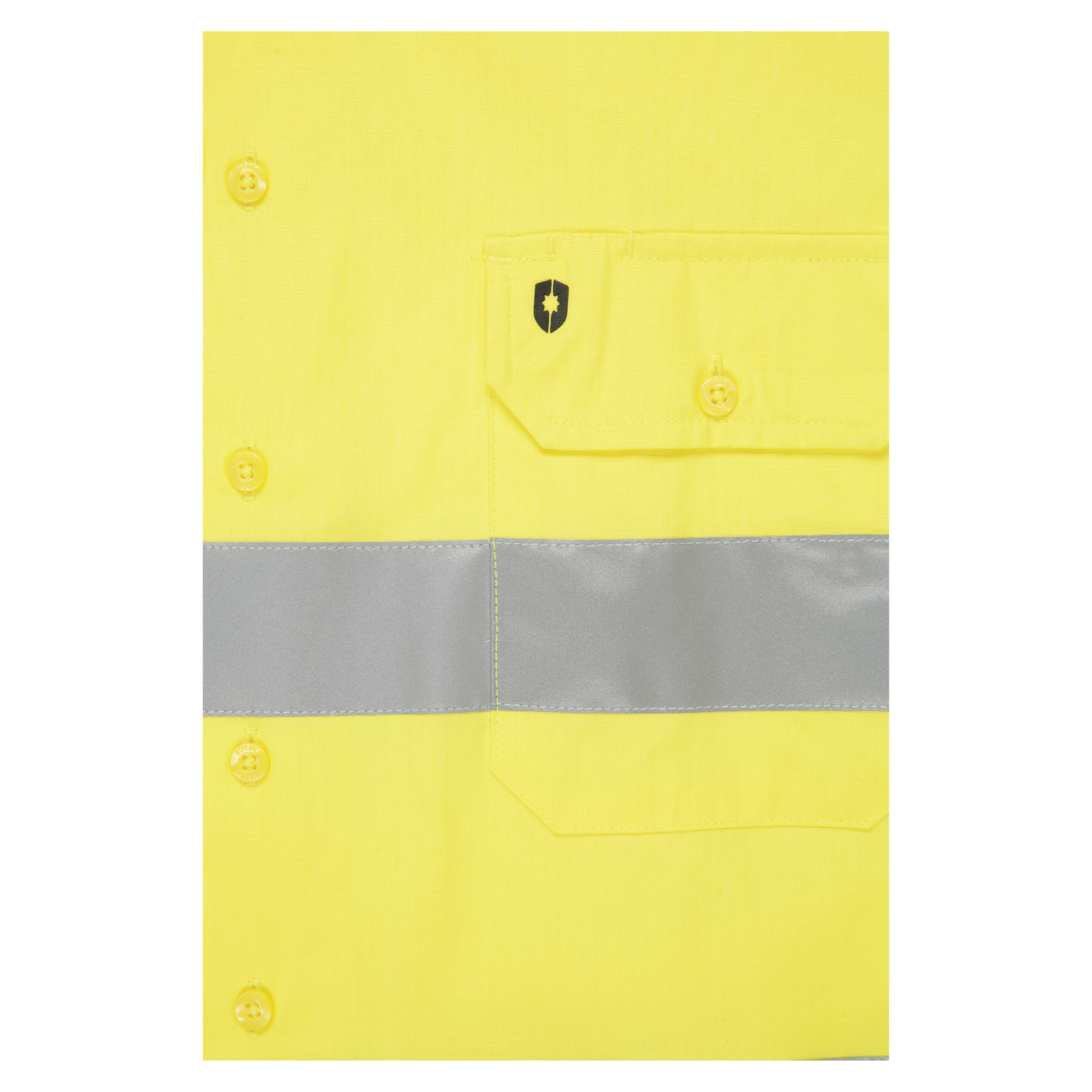 Men’s hi‑vis lightweight ripstop cotton shirt in yellow/navy with reflective tape, underarm/back vents, extended sun‑protection collar and modern tapered fit