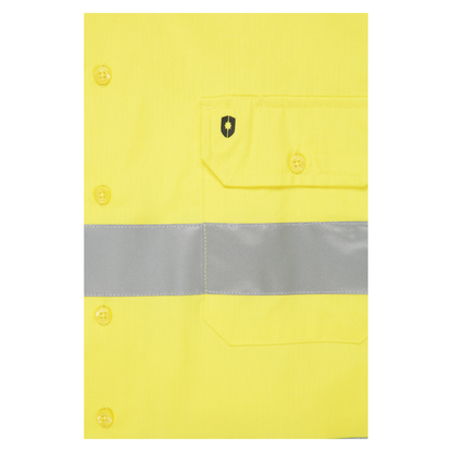 Men’s hi‑vis lightweight ripstop cotton shirt in yellow/navy with reflective tape, underarm/back vents, extended sun‑protection collar and modern tapered fit