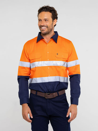 Men’s hi‑vis regular‑weight 190 gsm cotton drill long‑sleeve shirt in orange/navy with reflective tape, extended sun‑protection collar and modern tapered fit for day/night use