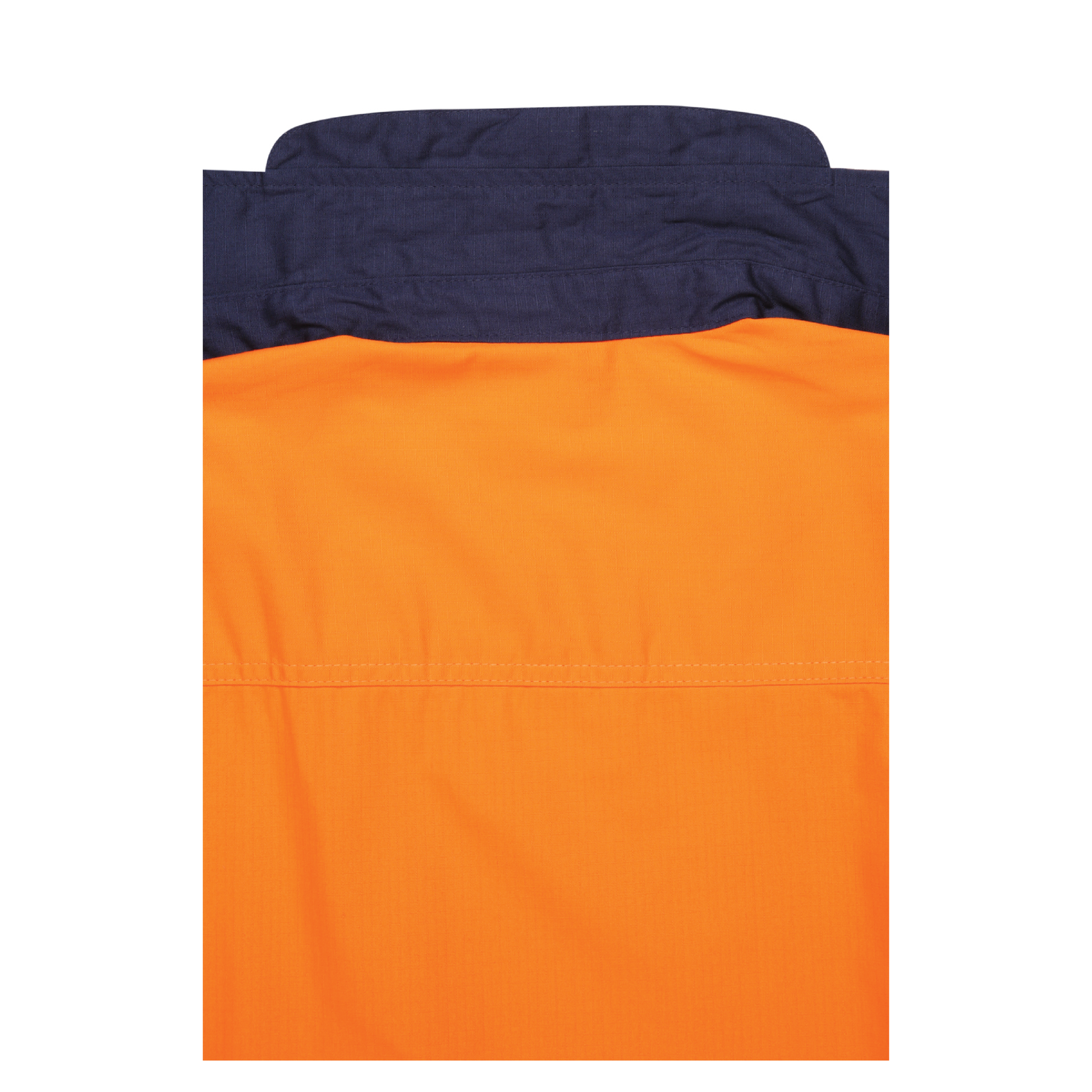 Men’s hi‑vis regular‑weight 190 gsm cotton drill long‑sleeve shirt in orange/navy with reflective tape, extended sun‑protection collar and modern tapered fit for day/night use