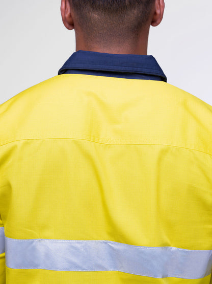 Men’s hi‑vis regular‑weight 190 gsm cotton drill long‑sleeve shirt in yellow/navy with reflective tape, extended sun‑protection collar and modern tapered fit for day/night use