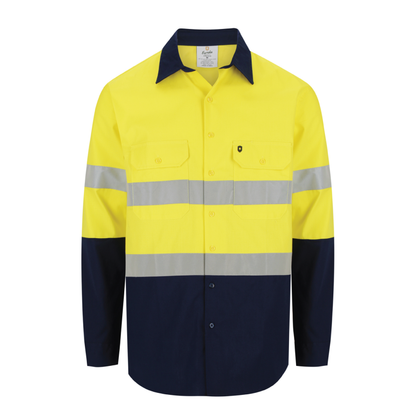 Men’s hi‑vis regular‑weight 190 gsm cotton drill long‑sleeve shirt in yellow/navy with reflective tape, extended sun‑protection collar and modern tapered fit for day/night use