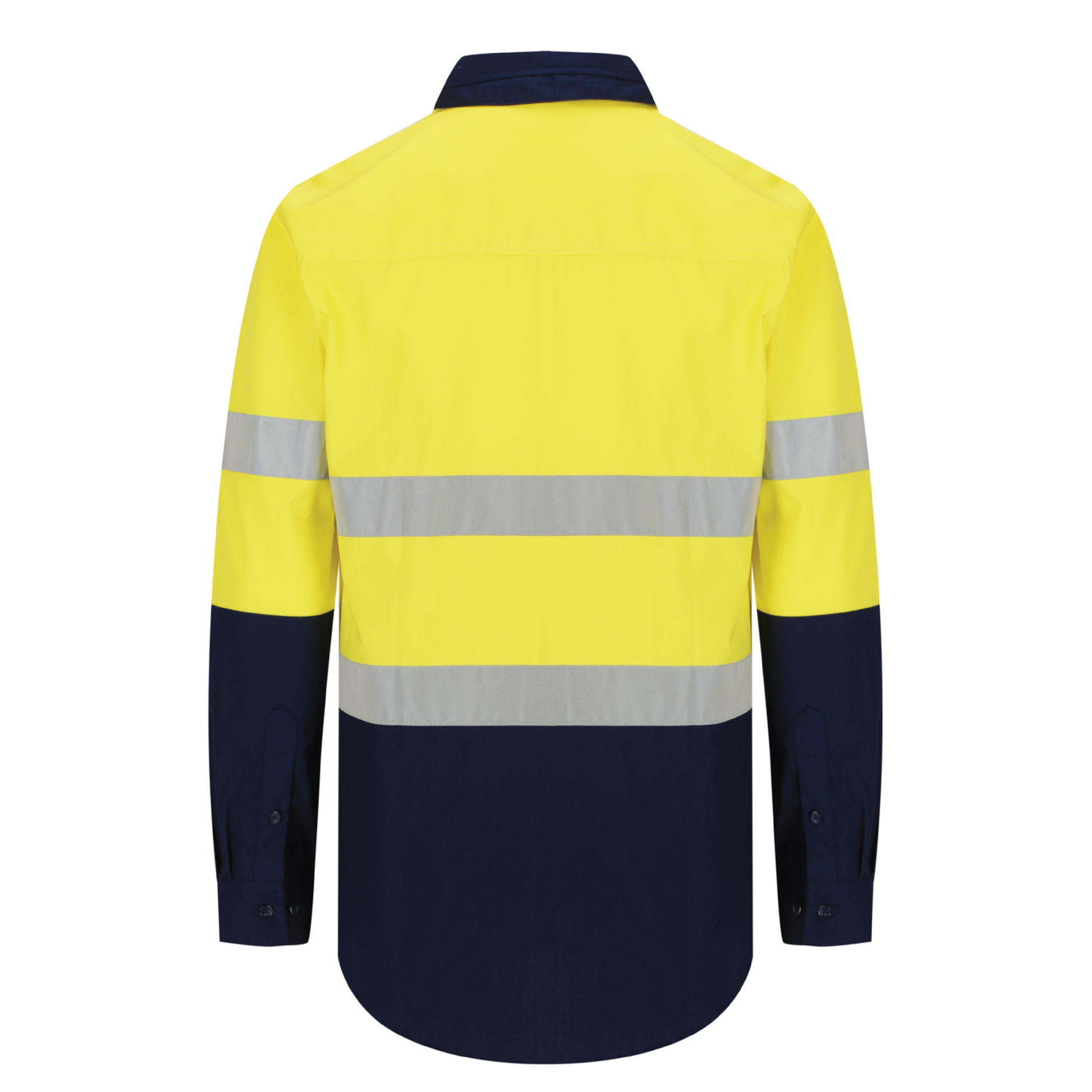 Men’s hi‑vis regular‑weight 190 gsm cotton drill long‑sleeve shirt in yellow/navy with reflective tape, extended sun‑protection collar and modern tapered fit for day/night use
