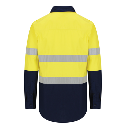 Men’s hi‑vis regular‑weight 190 gsm cotton drill long‑sleeve shirt in yellow/navy with reflective tape, extended sun‑protection collar and modern tapered fit for day/night use