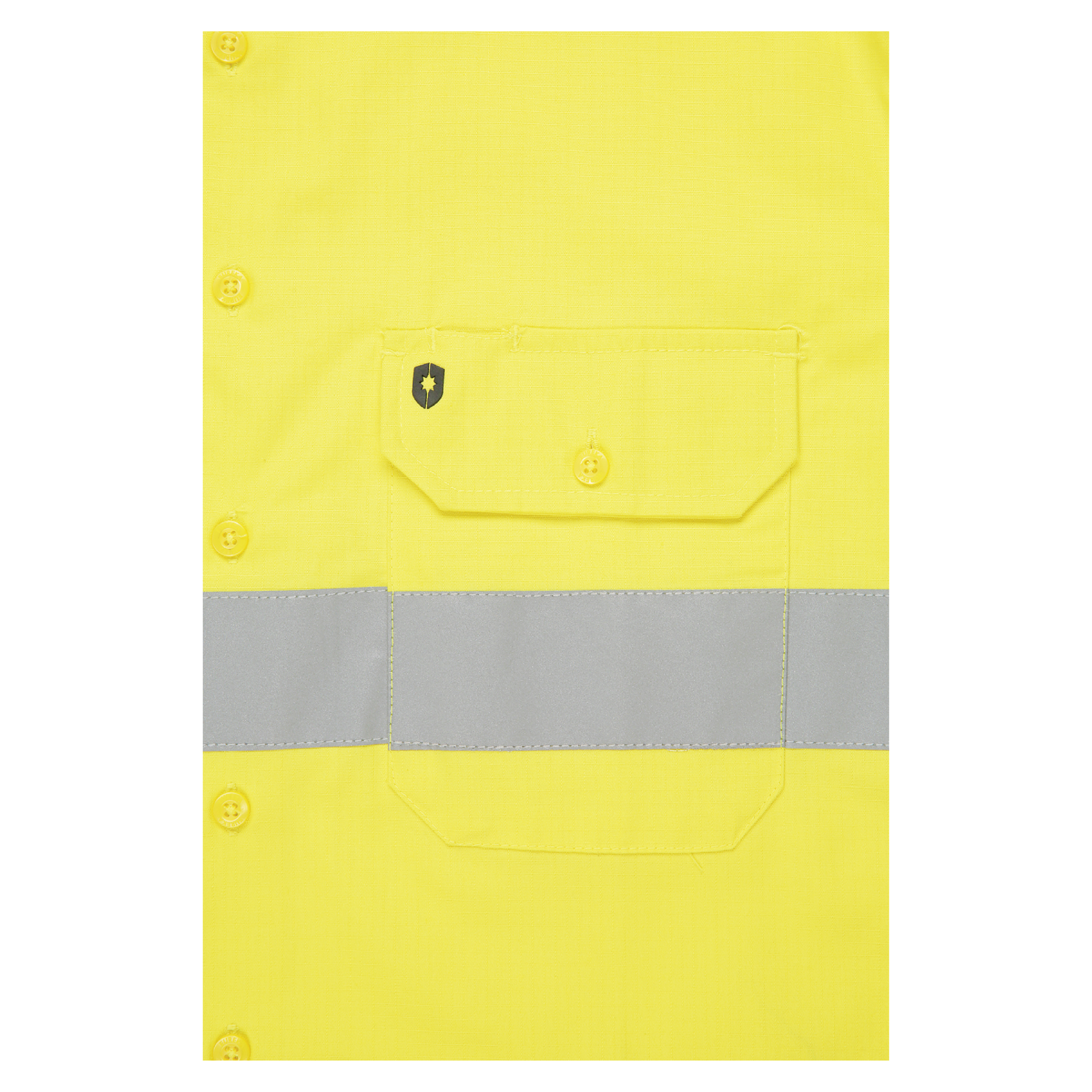 Men’s hi‑vis regular‑weight 190 gsm cotton drill long‑sleeve shirt in yellow/navy with reflective tape, extended sun‑protection collar and modern tapered fit for day/night use