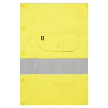 Men’s hi‑vis regular‑weight 190 gsm cotton drill long‑sleeve shirt in yellow/navy with reflective tape, extended sun‑protection collar and modern tapered fit for day/night use