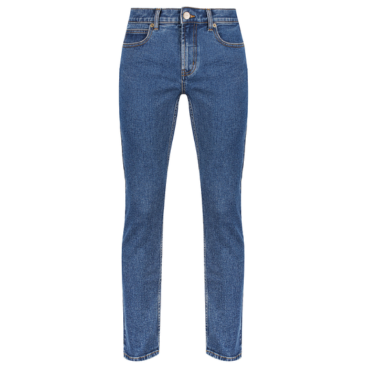 Men’s stretch denim jeans in a 13.75‑oz cotton/spandex blend with golden brass zipper, four‑pocket design and modern tapered fit