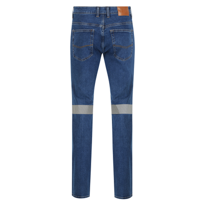 Men’s stretch denim jeans with segmented reflective tape, 13.75‑oz cotton/spandex fabric, golden brass zipper and four pockets in a modern tapered fit